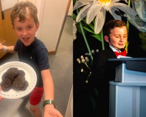 A young boy smiles excitedly while showing off a plate of cookies. In a side-by-side photo, the boy stands at a podium making a speech.