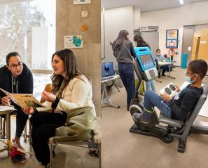 Left: 2 people in a meeting with a little child. Right: A child is using a machine to play.