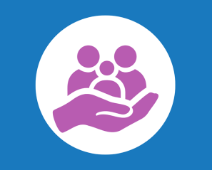 Blue background with an icon of a hand holding a family