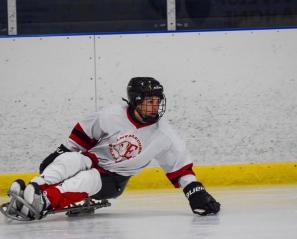 A young boy plays sledge hockey.