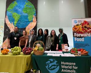 Photograph of seven people standing behind two tables displaying fresh fruits and vegetables at a Humane World for Animals event promoting sustainable, healthy, plant-based food systems. Tables feature green and yellow tablecloths, baskets of apples, bananas, and carrots, with a large poster and a backdrop of a painted Earth held by hands.