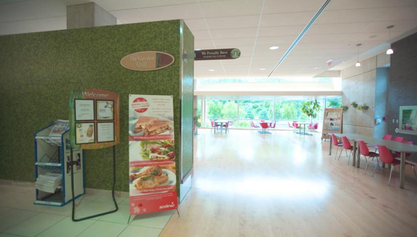 Garden Grill cafeteria service, features daily hot entrees, pizza, soups, and deli sandwiches