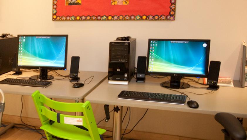 The school library is designed to accommodate both book and computer access