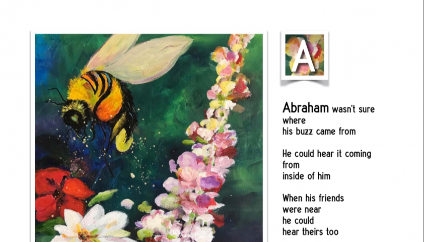 Bumble bee named Abraham smelling flowers.