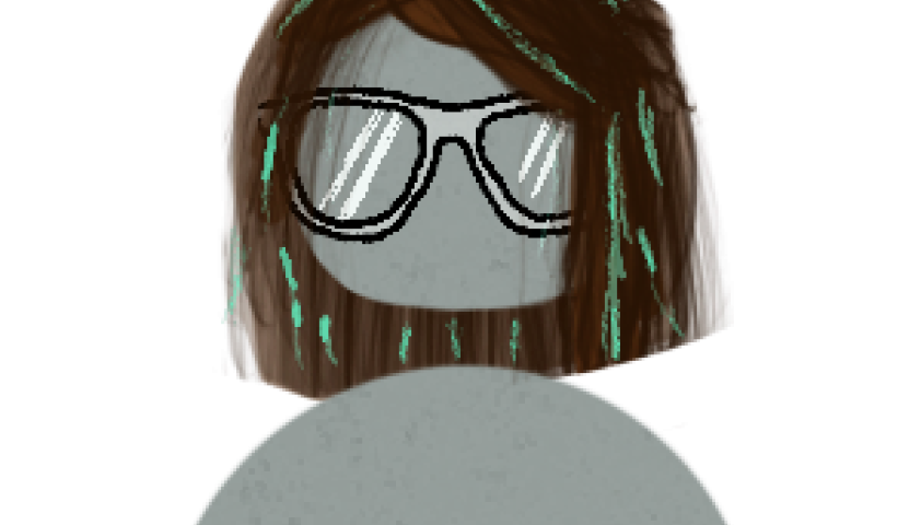 A digital drawing of a person with mid-length brown hair and white glasses.