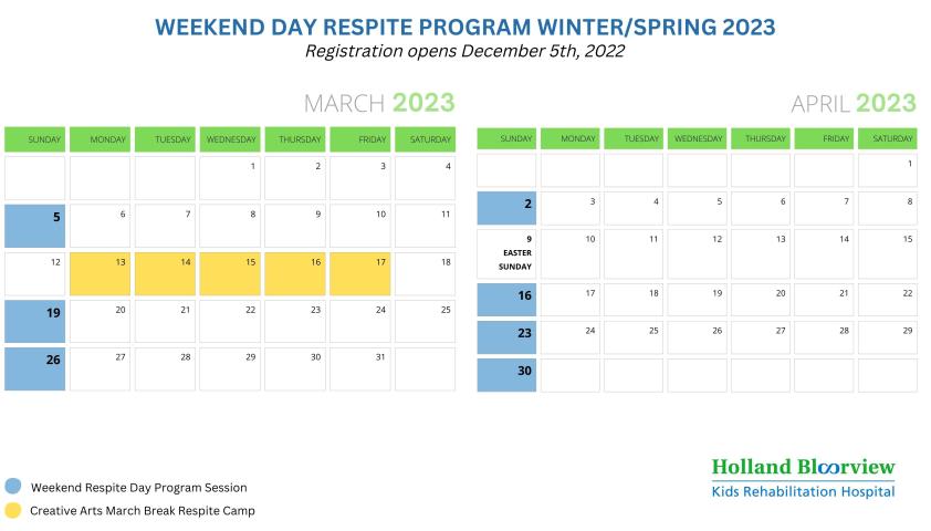 Calendar showing dates available for Weekend Respite Day Program on March 5, 19, 26, April 2, 16, 23, 30