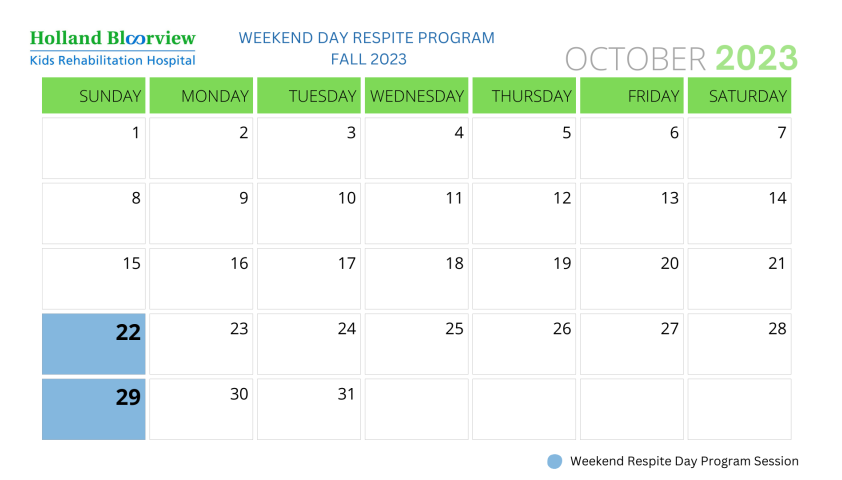 Calendar that shows Weekend Respite Day Program sessions on October 22 and 29