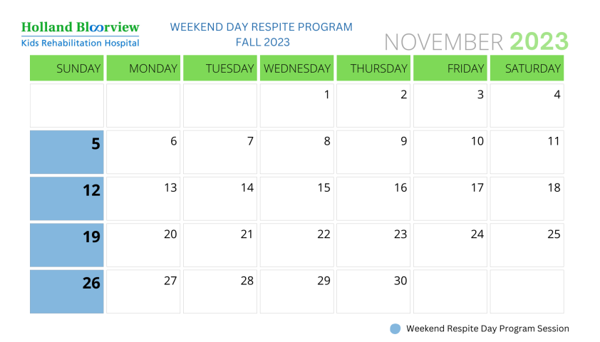 Calendar that shows Weekend Respite Day Program sessions on November 5, 12, 19 and 26