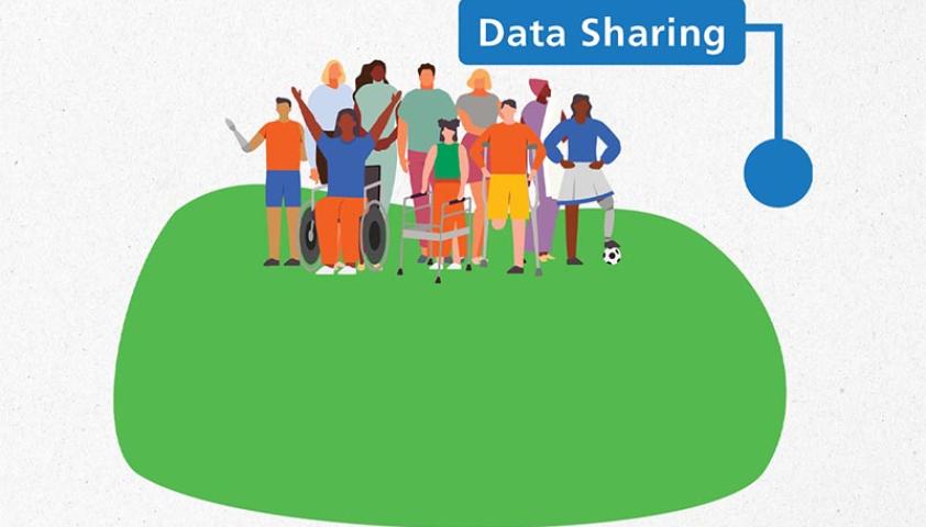 A graphic of a group of children with disabilities and developmental differences and adults with the caption, data sharing above