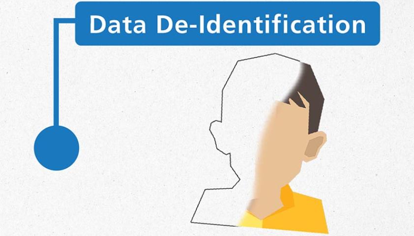 a graphic of a child's face with half of the image hidden. There's a caption above that says: data de-identification