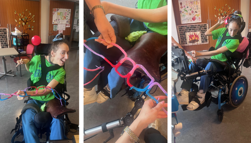 A teen in a wheelchair wearing a BCI headset and knitting.