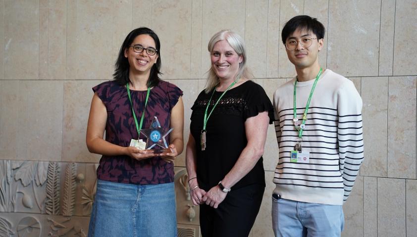 group of health care professionals and researchers hold an award on stage