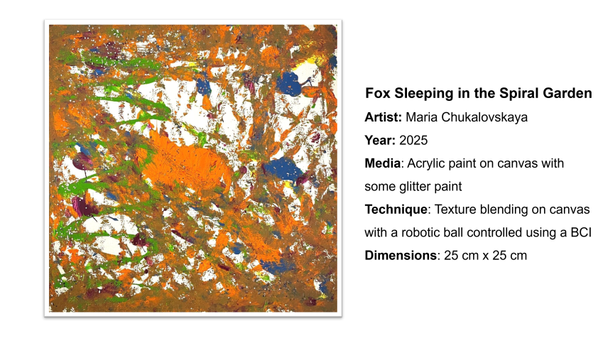 A painting titled, Fox Sleeping in the Spiral Garden, created by Maria Chukalovskaya in 2025. The painting is 25 cm by 25 cm. It was painted using orange, blue, green, yellow, and dark purple paint on canvas with some glitter paint. It was created using texture blending on canvas with a robotic ball controlled using a BCI. 