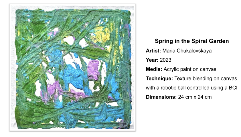 A painting titled, Spring in the Spiral Garden, created by Maria Chukalovskaya in 2023. The painting is 24 cm by 24 cm. It was painted using green, yellow, blue, and purple paint on canvas. It was created using texture blending on canvas with a robotic ball controlled using a BCI. 