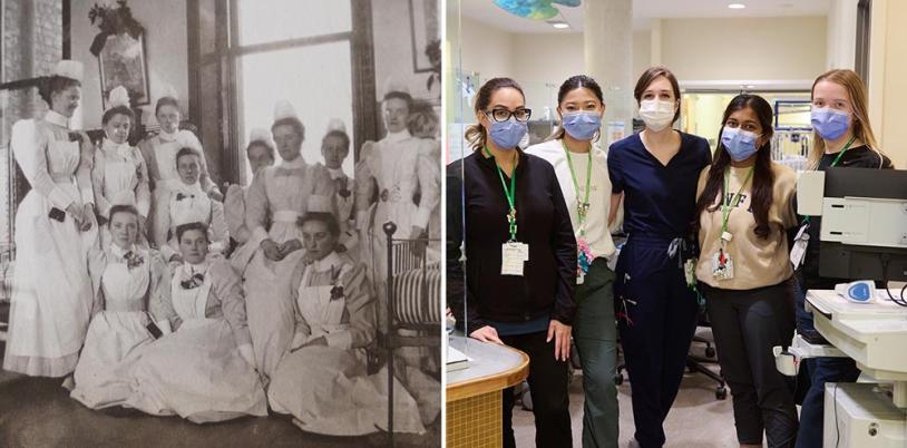 Two photos - a vintage black and white of some nurses on the left, and a colour photo with some now-a-day nurses on the right