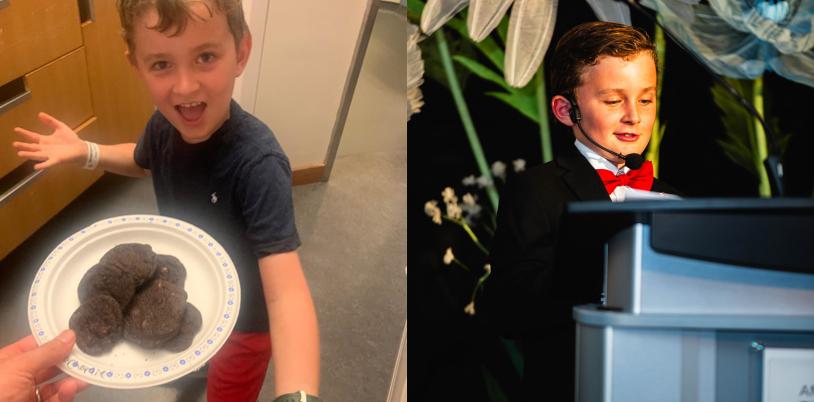 A young boy smiles excitedly while showing off a plate of cookies. In a side-by-side photo, the boy stands at a podium making a speech.