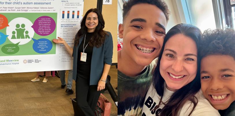A woman with light skin tone smiles proudly in front of a presentation board. In another photo, she smiles and stands beside her two children.