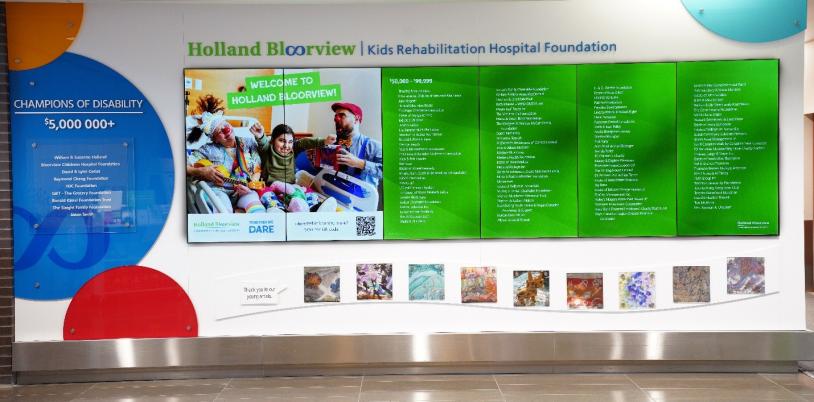 A colourful digital display featuring names of various donors