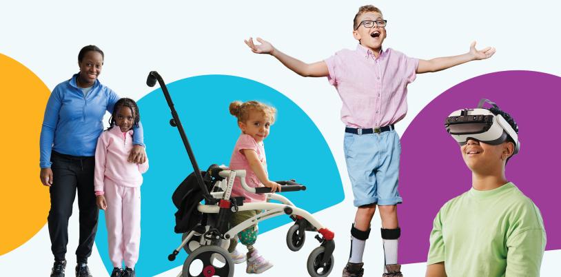 graphic of children, one in a mobility device, one wearing a VR headset and one with arms raised