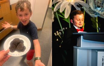 A young boy smiles excitedly while showing off a plate of cookies. In a side-by-side photo, the boy stands at a podium making a speech.