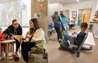 Left: 2 people in a meeting with a little child. Right: A child is using a machine to play.