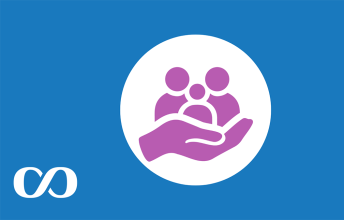 Blue background with an icon of a hand holding a family