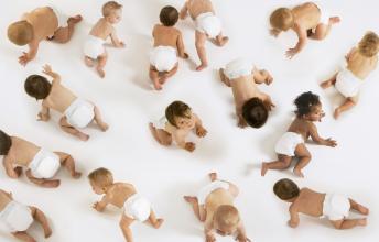 Babies in diapers on the floor crawling around