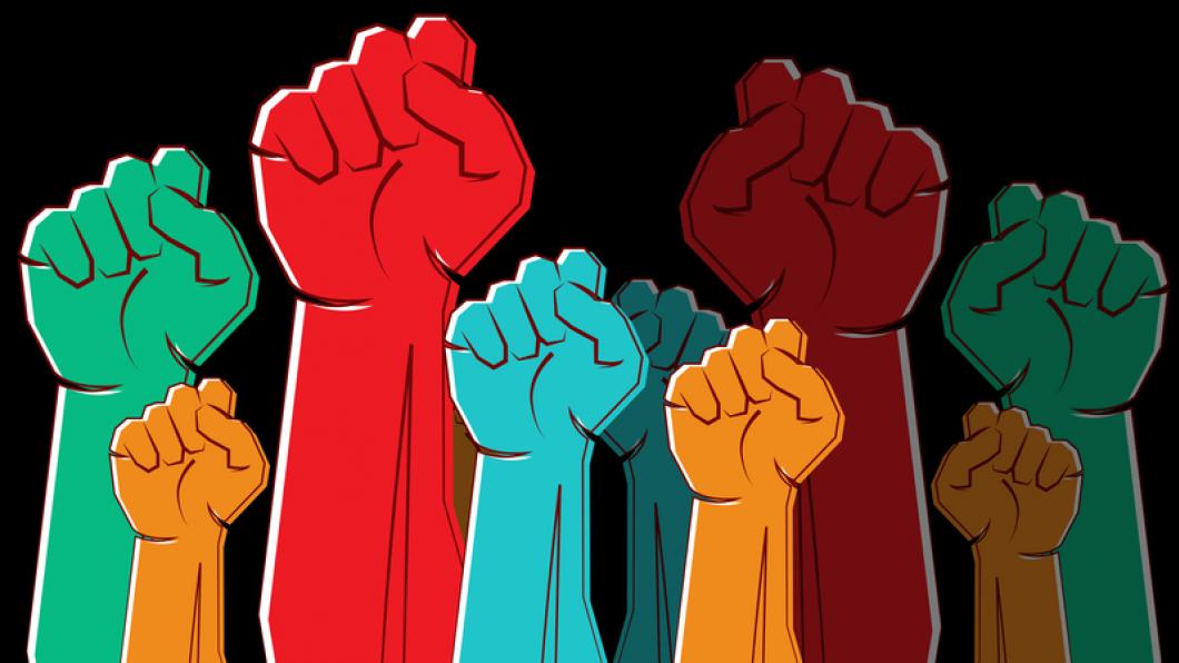 Illustration of people's fists in the air