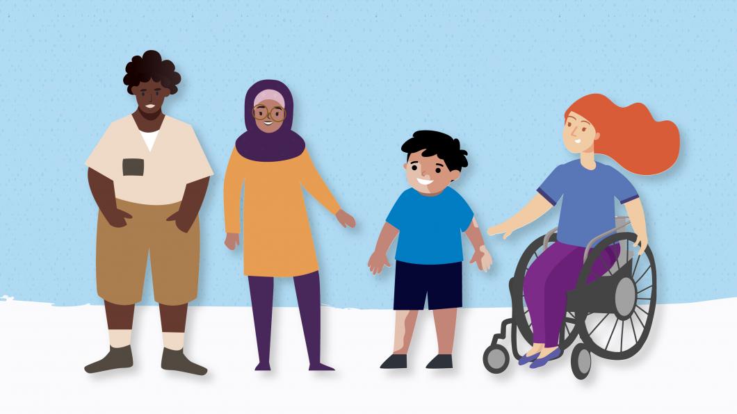 Illustration of four children with different body sizes and one using wheelchair