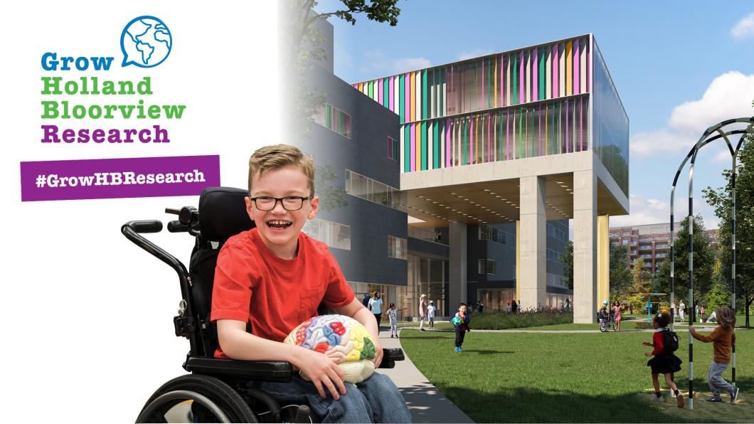 A young boy who uses a wheelchair and wearing a red tshirt and glasses holds a model brain. Behind him is a building structure. Text reads Grow Holland Bloorview Research. 