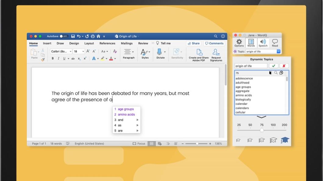 Image of WordQ software in use. Image supplied by Quillsoft