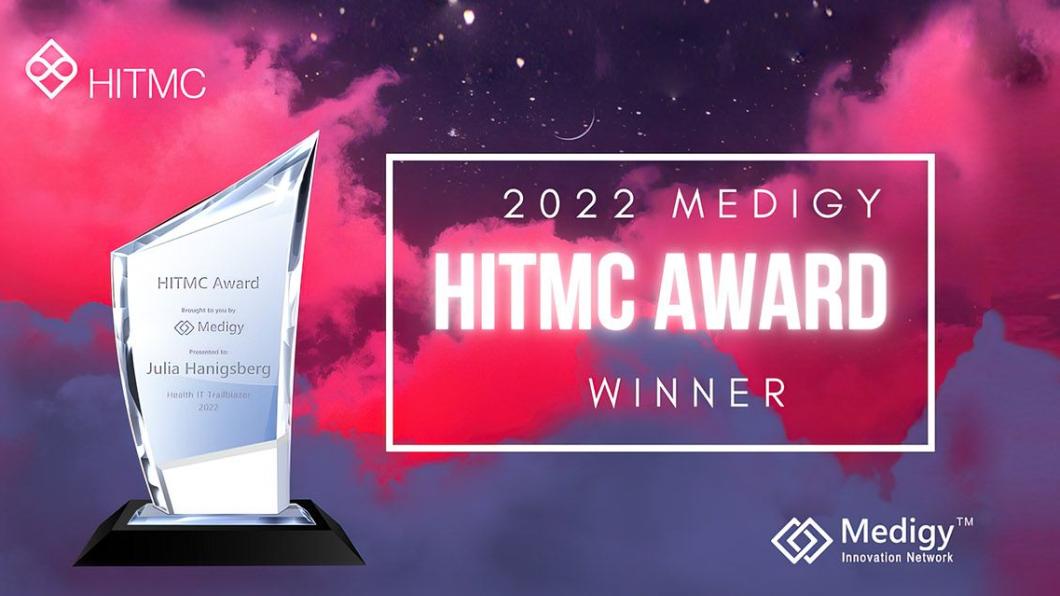 Pink and blue clouds surround a logo reading 2022 Medigy HITMC Award Winner 