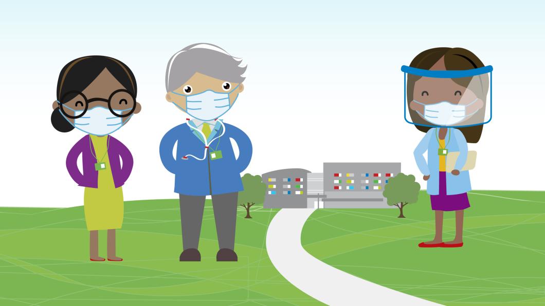 Three cartoon people wearing masks