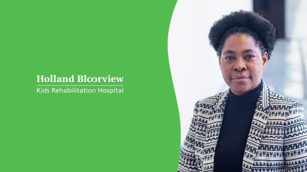 A green and white Holland Bloorview logo positioned next to an image of Dr. Sharon Smile