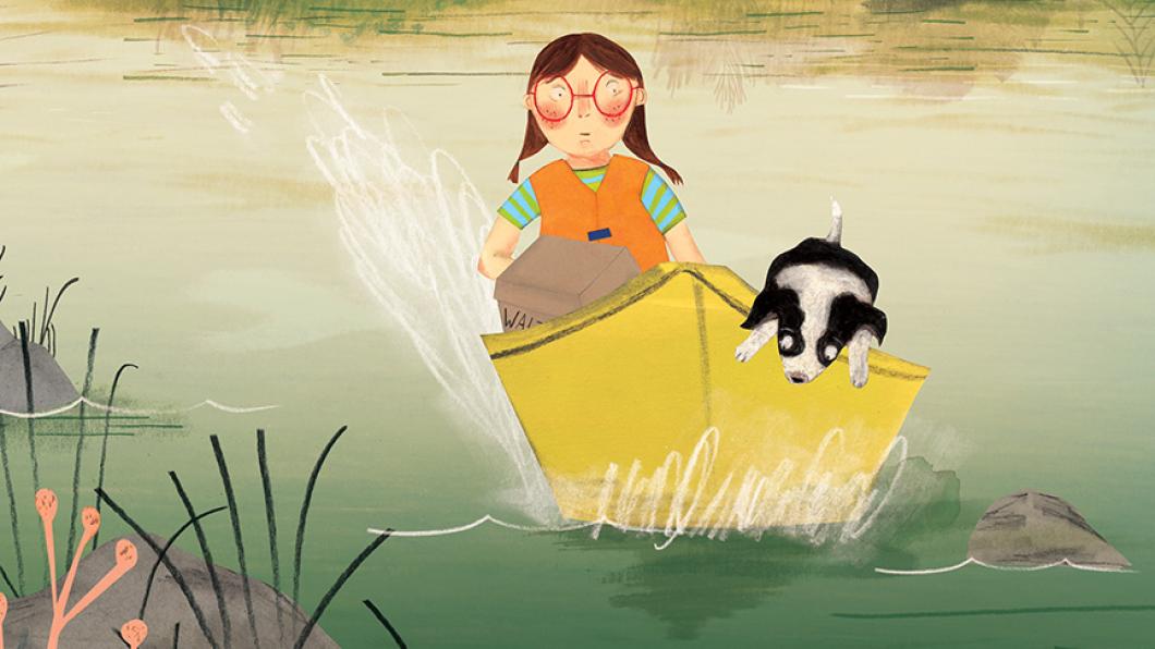A girl drives a yellow boat with a black and white dog in the front