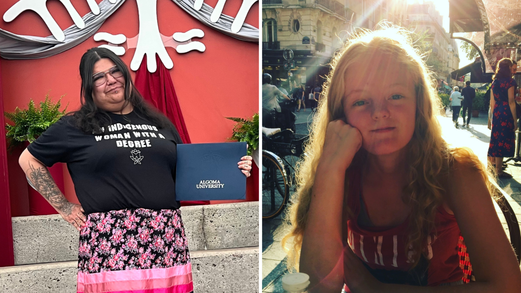 A young person with medium skin tone and long brown hair wearing a black t-shirt that reads, "An Indigenous woman with a degree." Beside them is a young person with light skin tone and long blonde hair. They are wearing a red and white tank top.