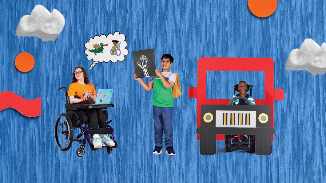 Three Imagine Everybody ambassadors, one of whom uses a wheelchair, stand against a blue background with clouds