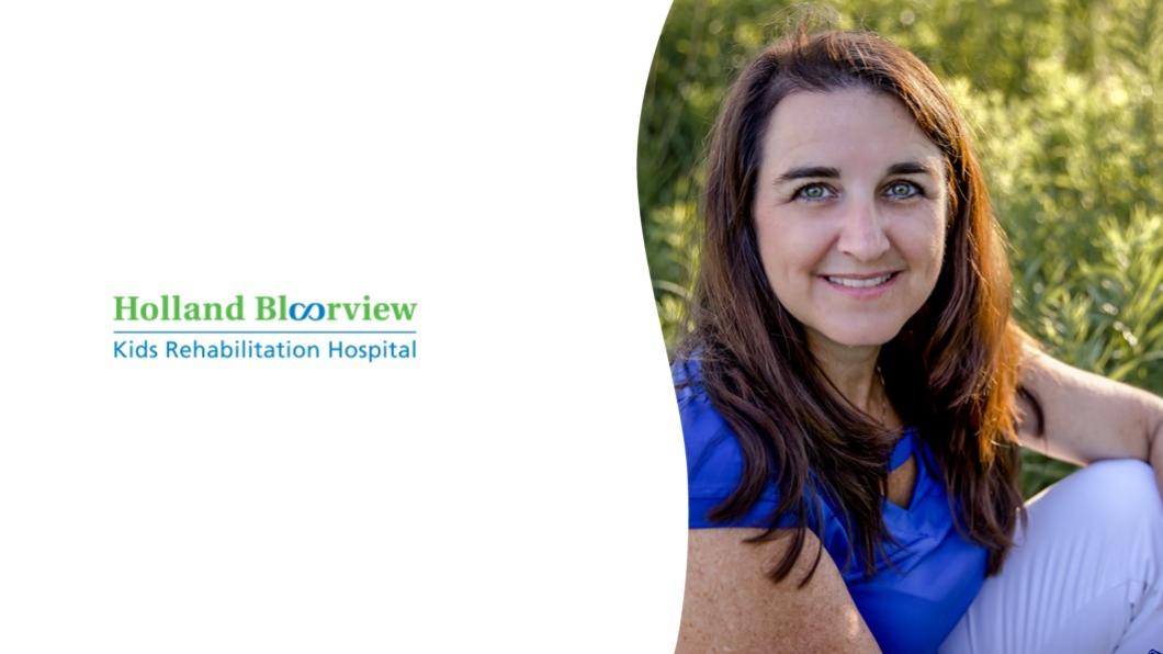 Image of Tracy Shepherd wearing a blue shirt in a grassy field next to the Holland Bloorview logo on white