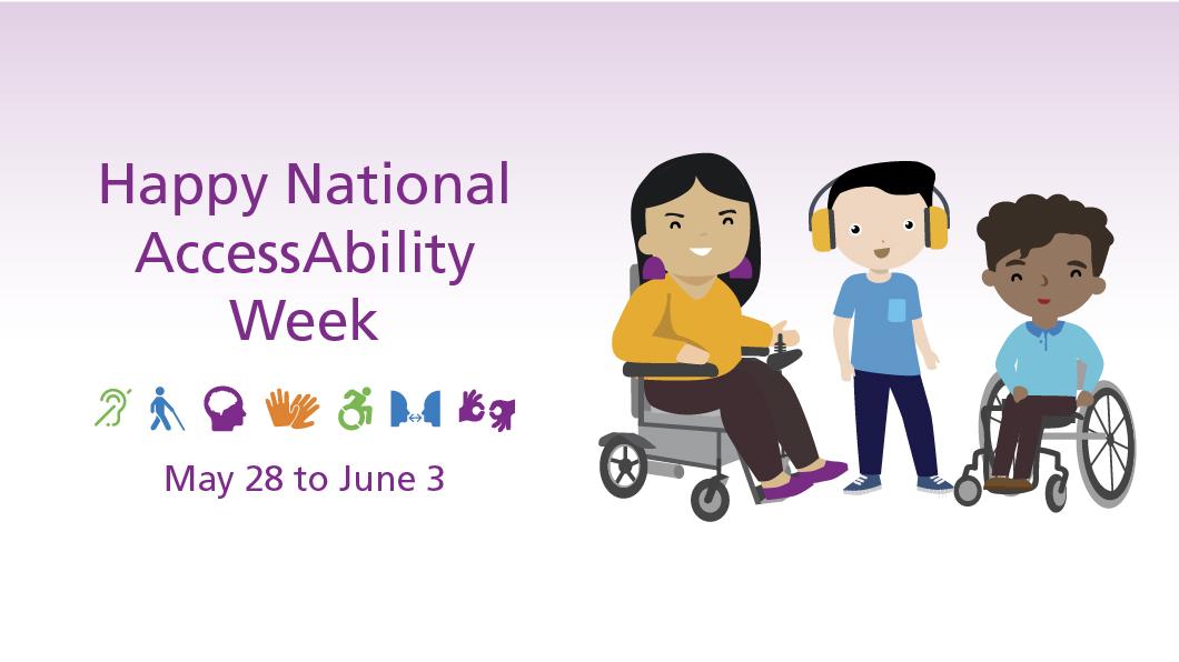 Three cartoon images of children with disabilities positioned next to text reading "Happy National AccessAbility Week, May 28 to June 3"