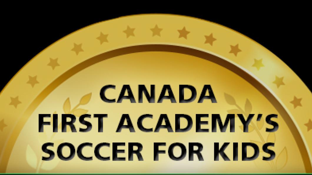 red and blue crest with a soccer ball at the top and CFA Canada First Academy written in the middle of the crest. black banner with Canada First Academy written in the middle and the HB logo on the right side.