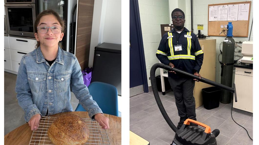 Banner of two photos: Annie (left) and Isaiah (right) smiling at work.