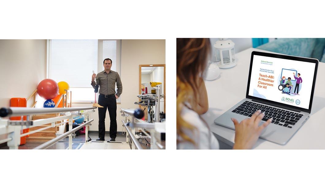 Left photo: an adult standing to show some equipments in a room. Right photo: a adult using a laptop computer