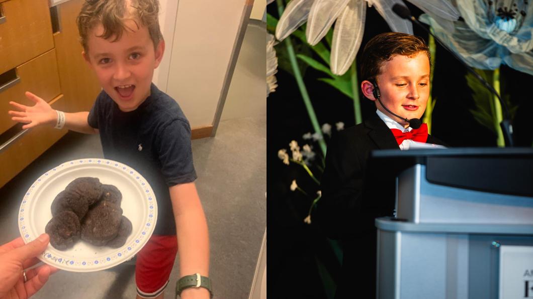 A young boy smiles excitedly while showing off a plate of cookies. In a side-by-side photo, the boy stands at a podium making a speech.