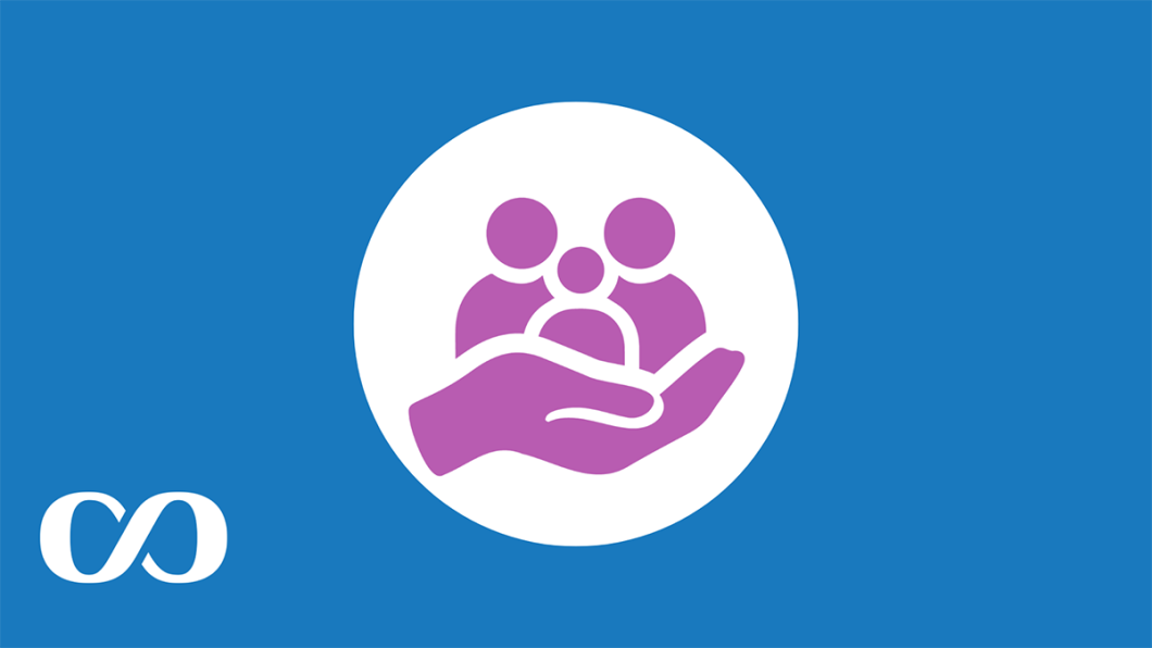Blue background with an icon of a hand holding a family