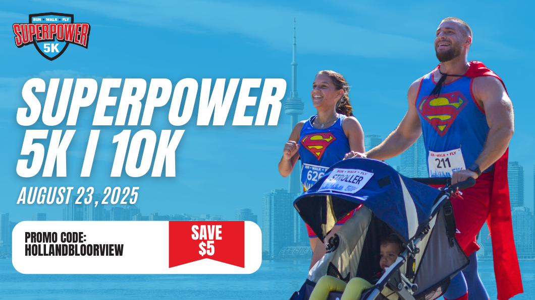 superpower 5k/10k banner with a female and male each wearing superman costumes pushing a stroller.