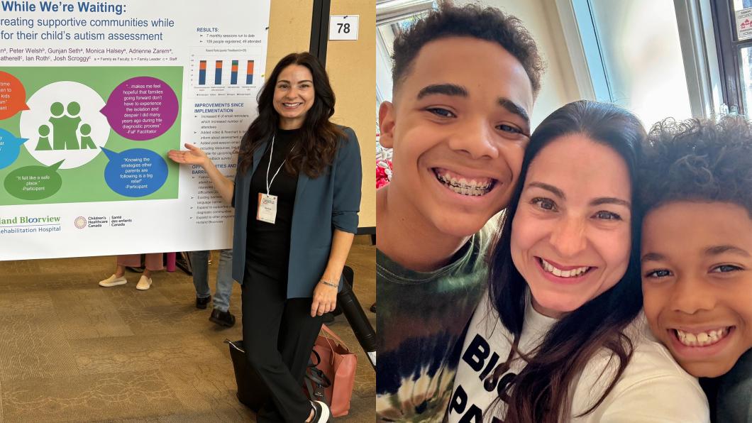 A woman with light skin tone smiles proudly in front of a presentation board. In another photo, she smiles and stands beside her two children.