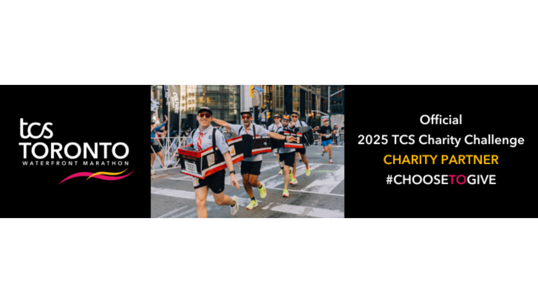 TCS Toronto Waterfront Marathon branding. Black background. A group of runners dressed up as the TTC bus running on a street in Toronto. Official 2025 TCS Charity Challenge Charity Partner with Choose TO Run below.