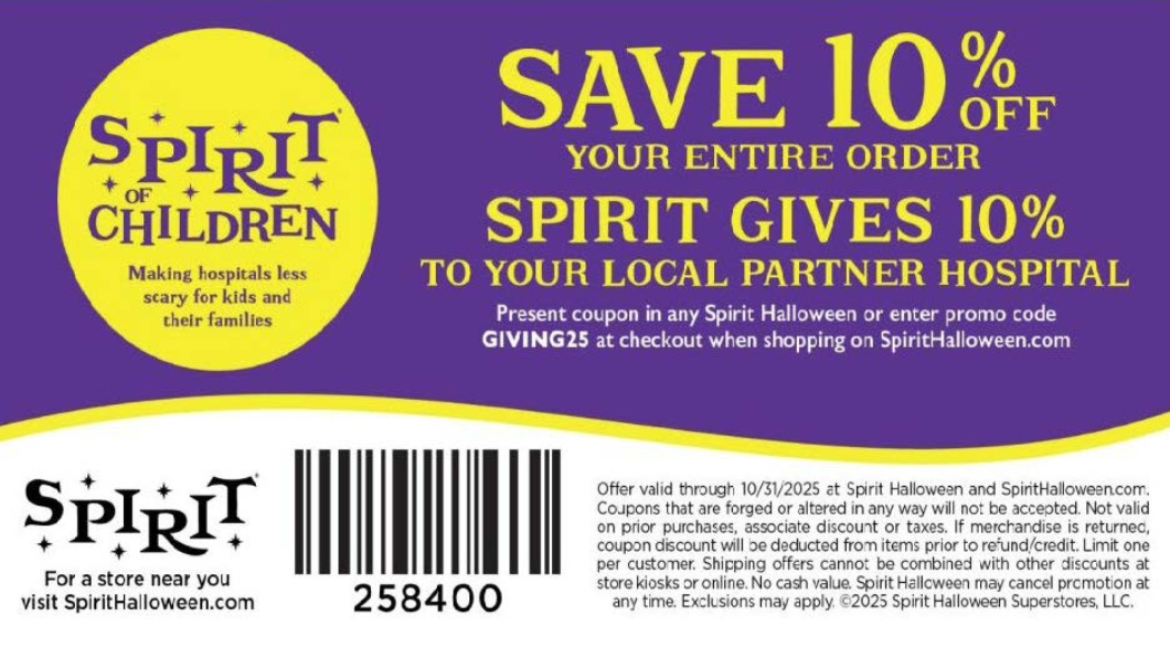 a coupon for saving 10% at spirit halloween stores, with proceeds coming to Holland Bloorview.