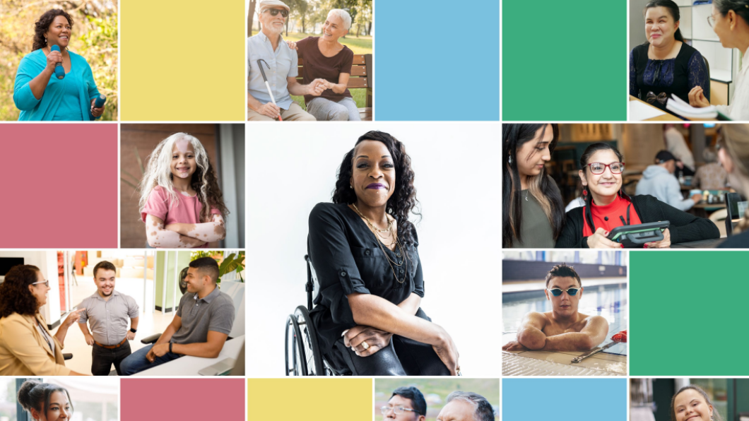 Colourful collage of people with a variety of disabilities
