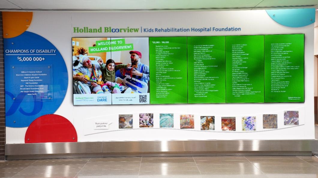 A colourful digital display featuring names of various donors